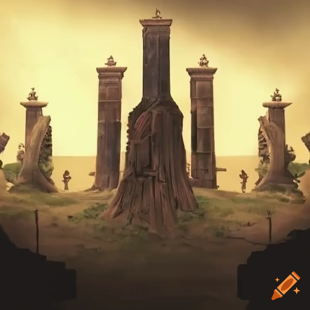 Epic battle scene with towering pillars on Craiyon