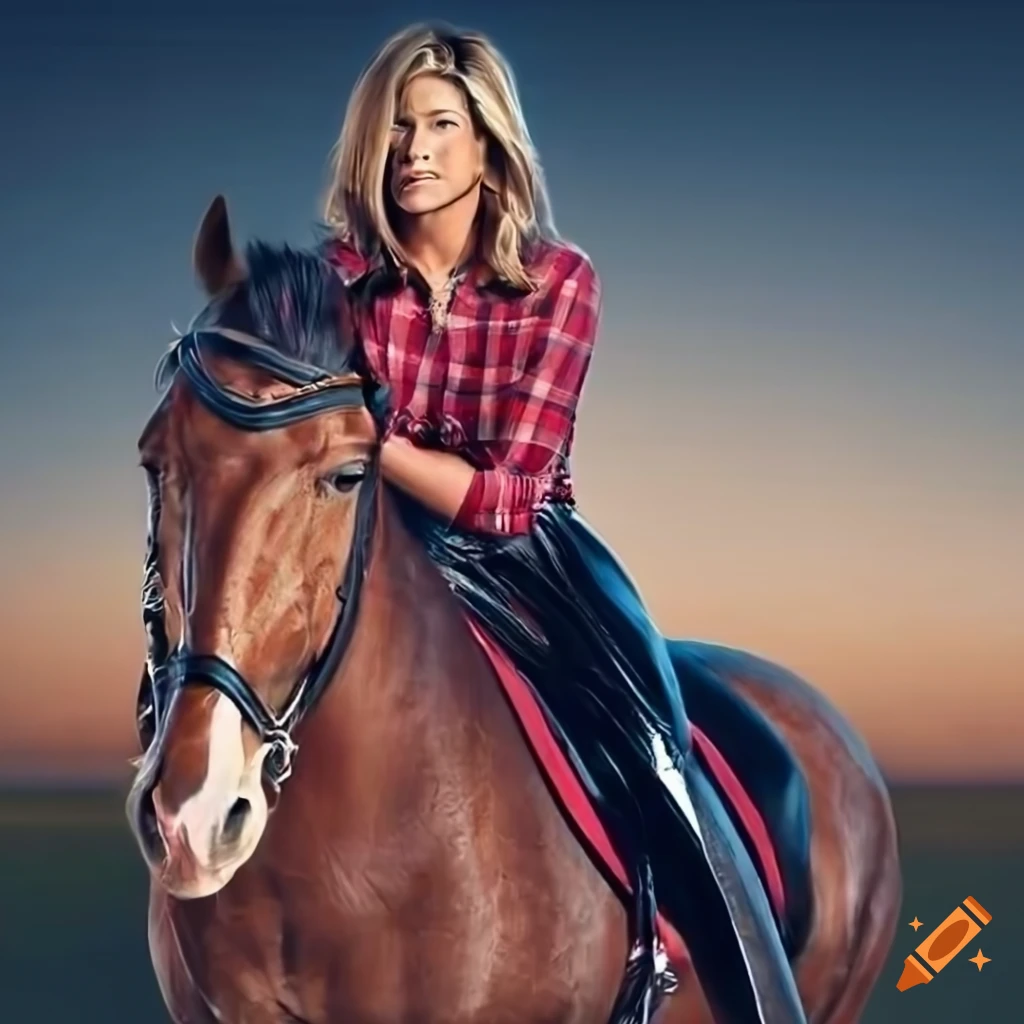 Hyperrealistic photograph of jennifer aniston riding a horse on Craiyon