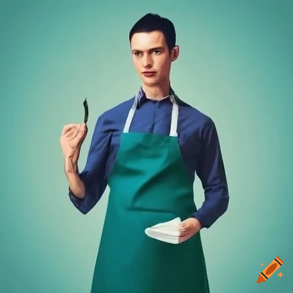 kind man in apron offering goods in a pharmacy store