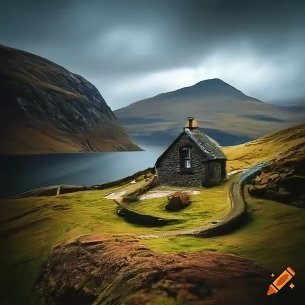 scenic Scottish cottage in a rocky valley