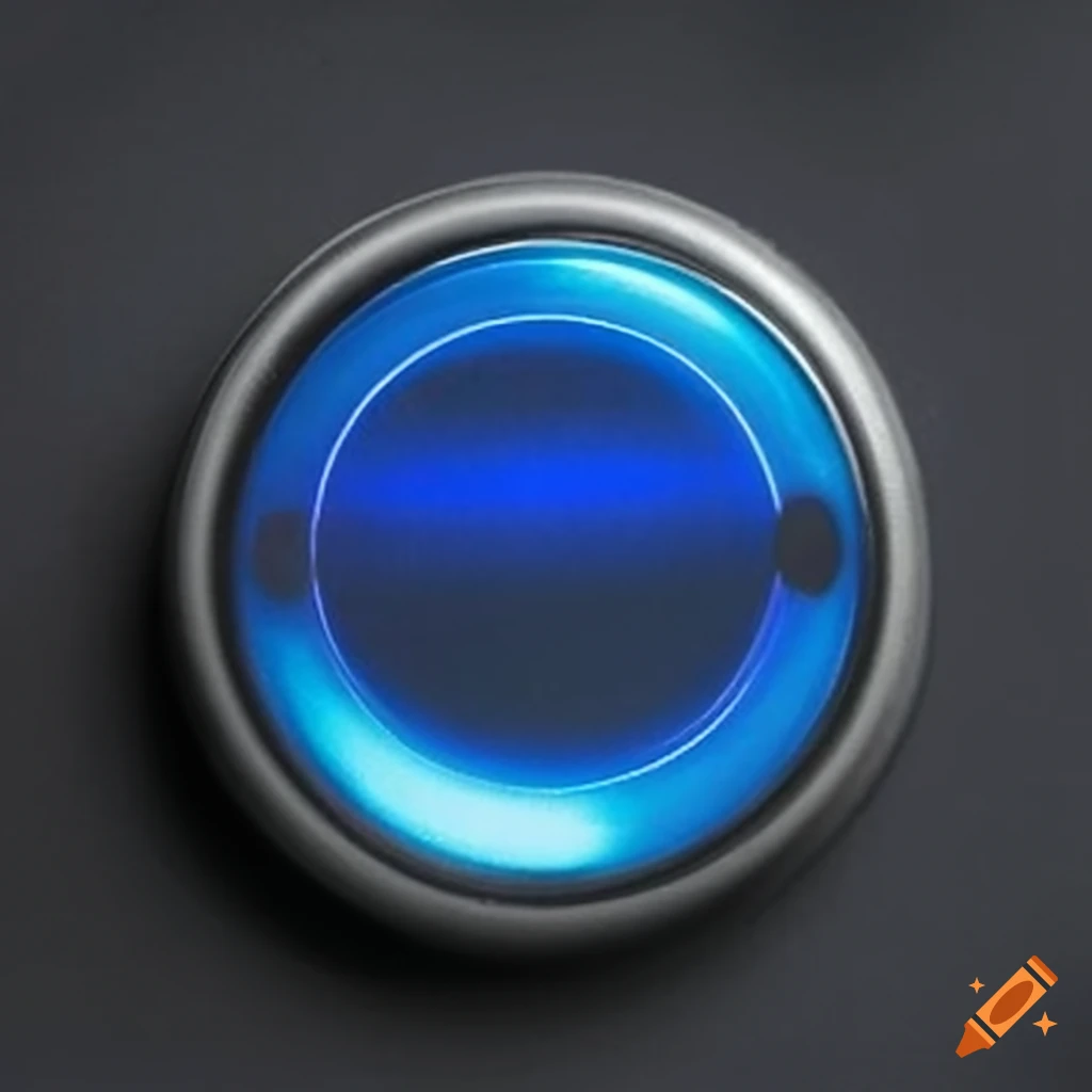 round metallic black button with electric blue accents