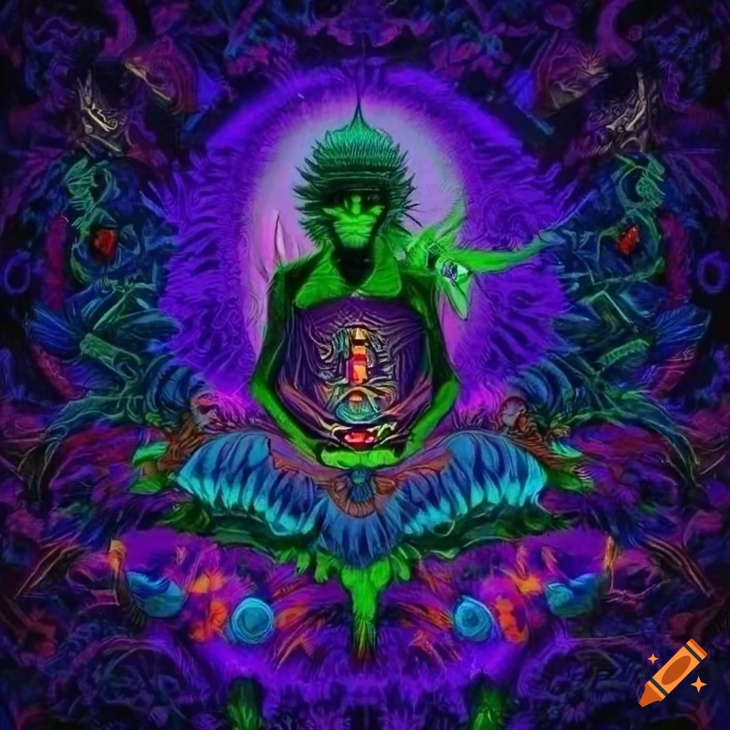 sacred path with three people walking, animals watching, inspired by Alex Grey, Andre Lima Carvalho, Pablo Amaringo, Salvador Dali