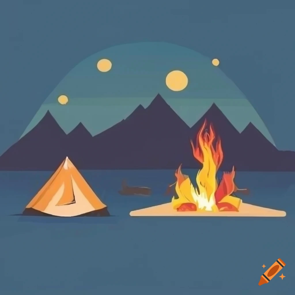 Illustration of a campsite by the lake at sunset on craiyon