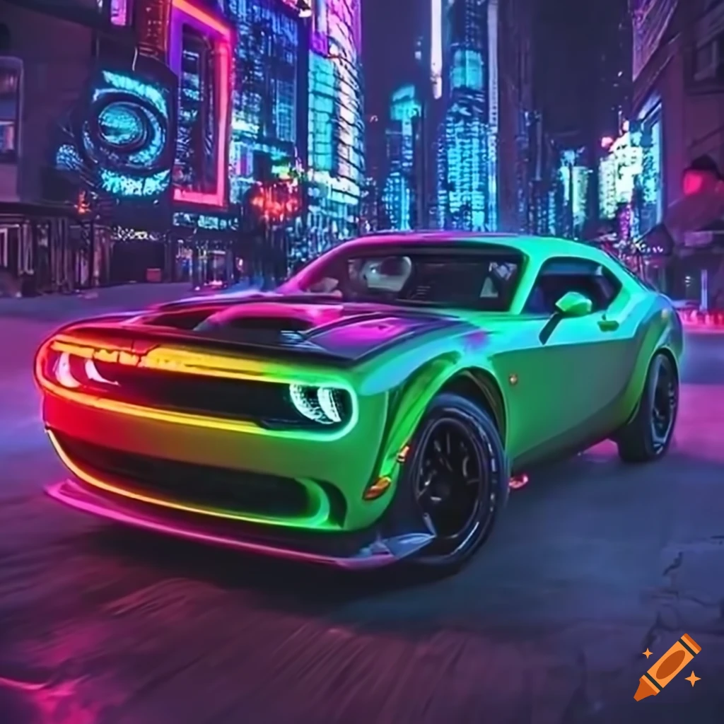 Neon cityscape with a green dodge demon racing on Craiyon