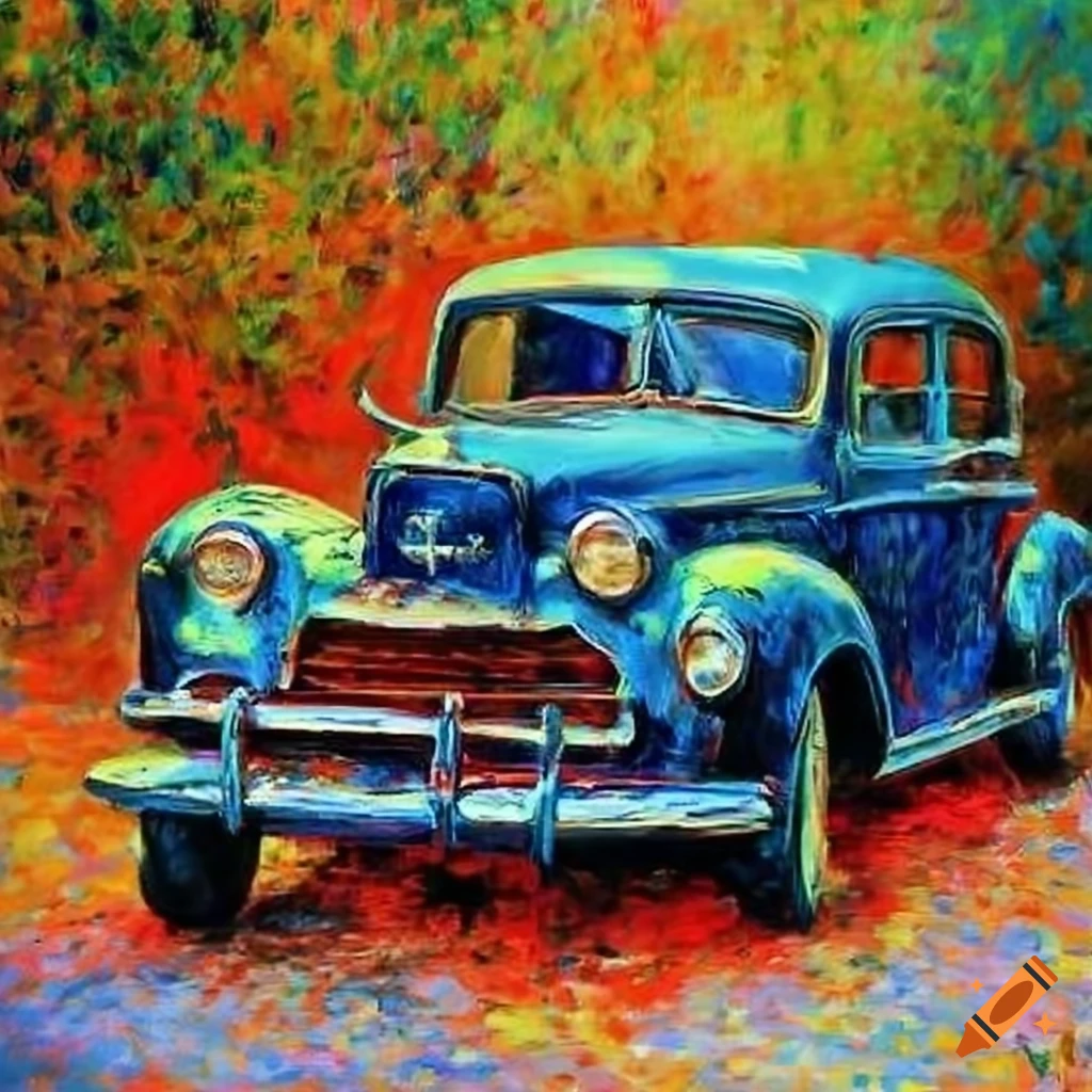 painting of an old car