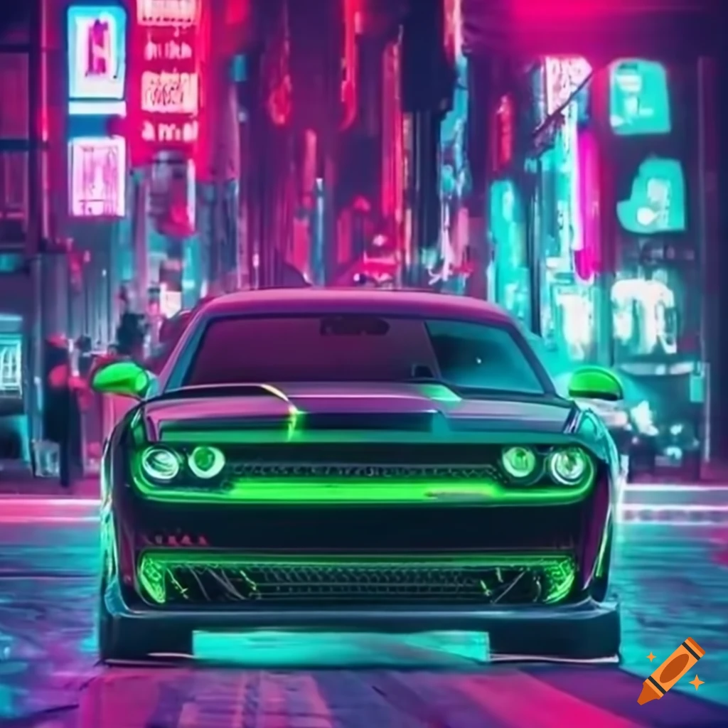 Zoomed out image of a green dodge demon speeding through a neon-lit ...