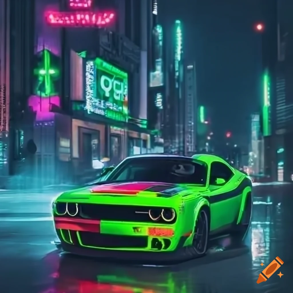 Green dodge demon racing through neon city on Craiyon