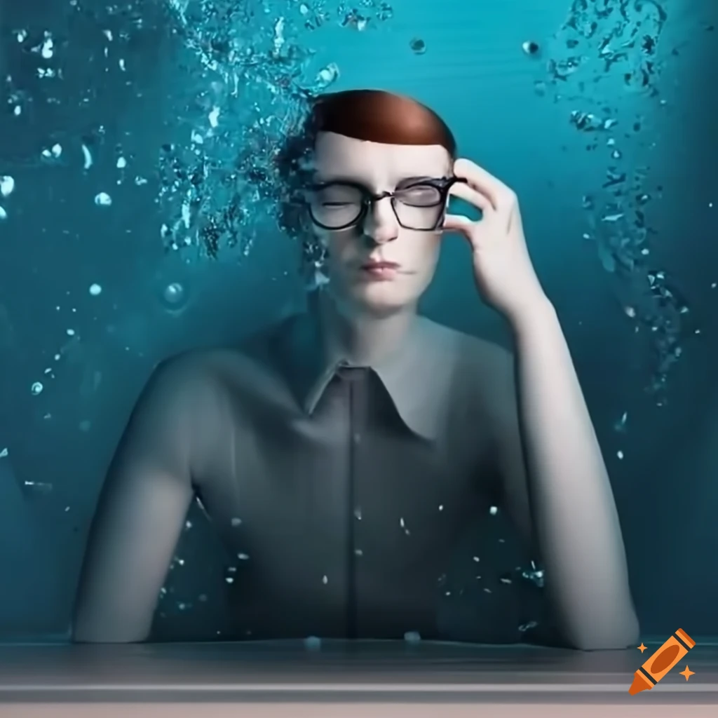 conceptual art of a man working underwater in an office