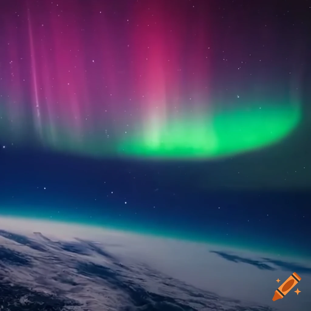 surreal image of UFO formation flying over an aurora-lit Earth