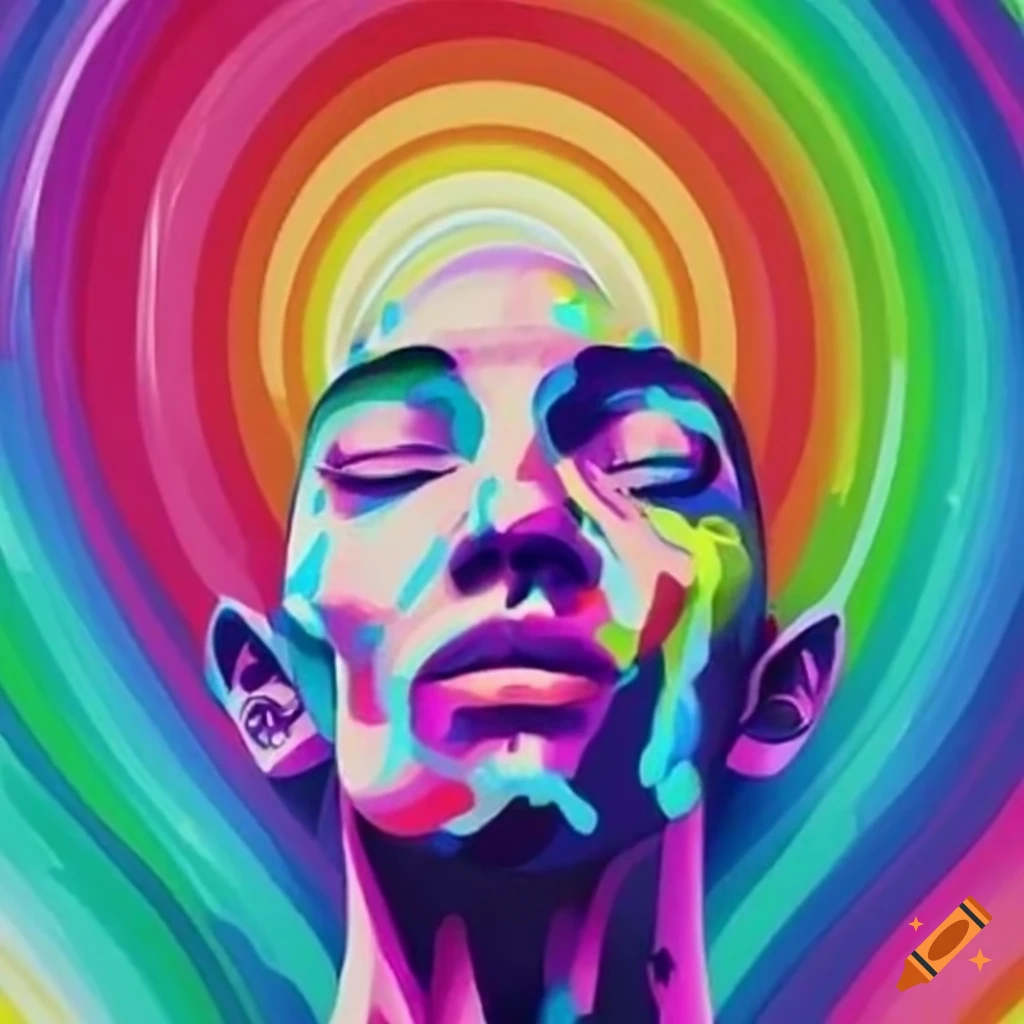 Vibrant image of a man's face surrounded by a rainbow