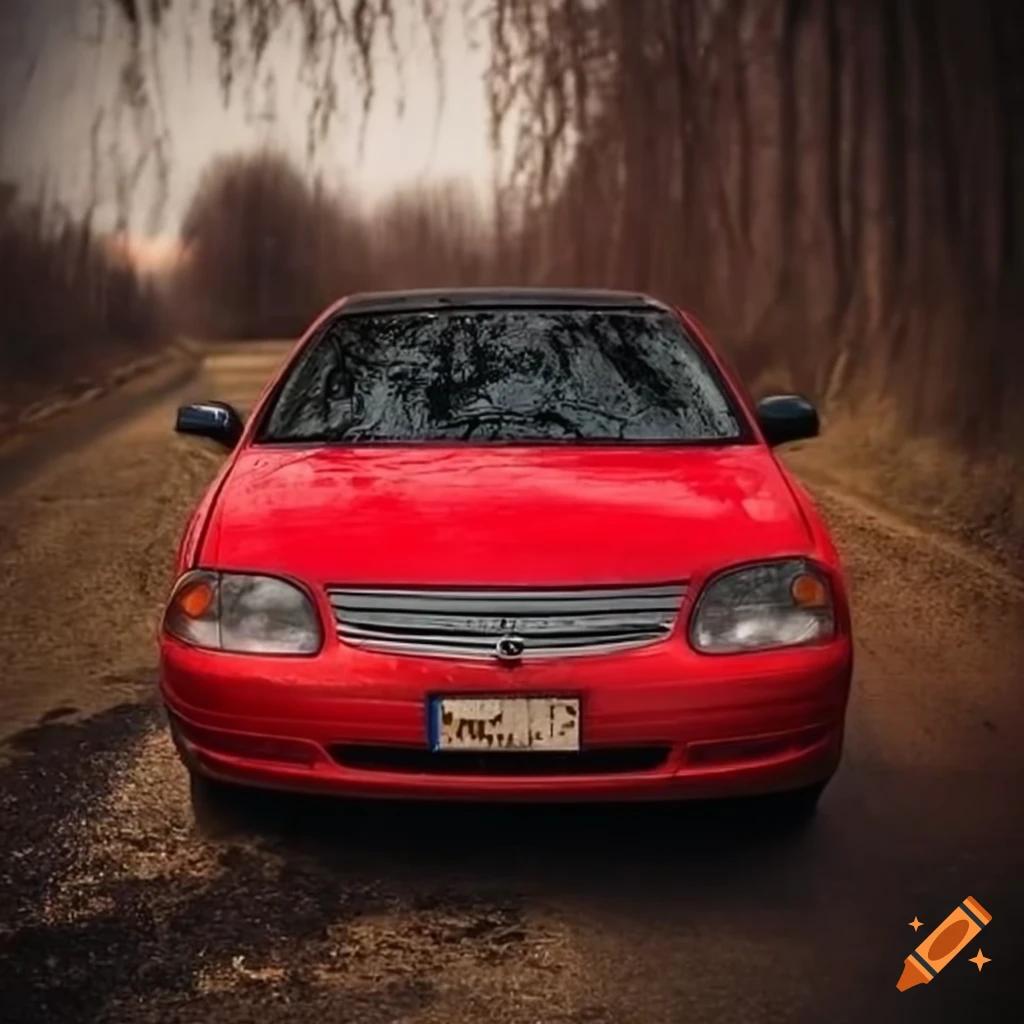 red sedan parked on a dirty road