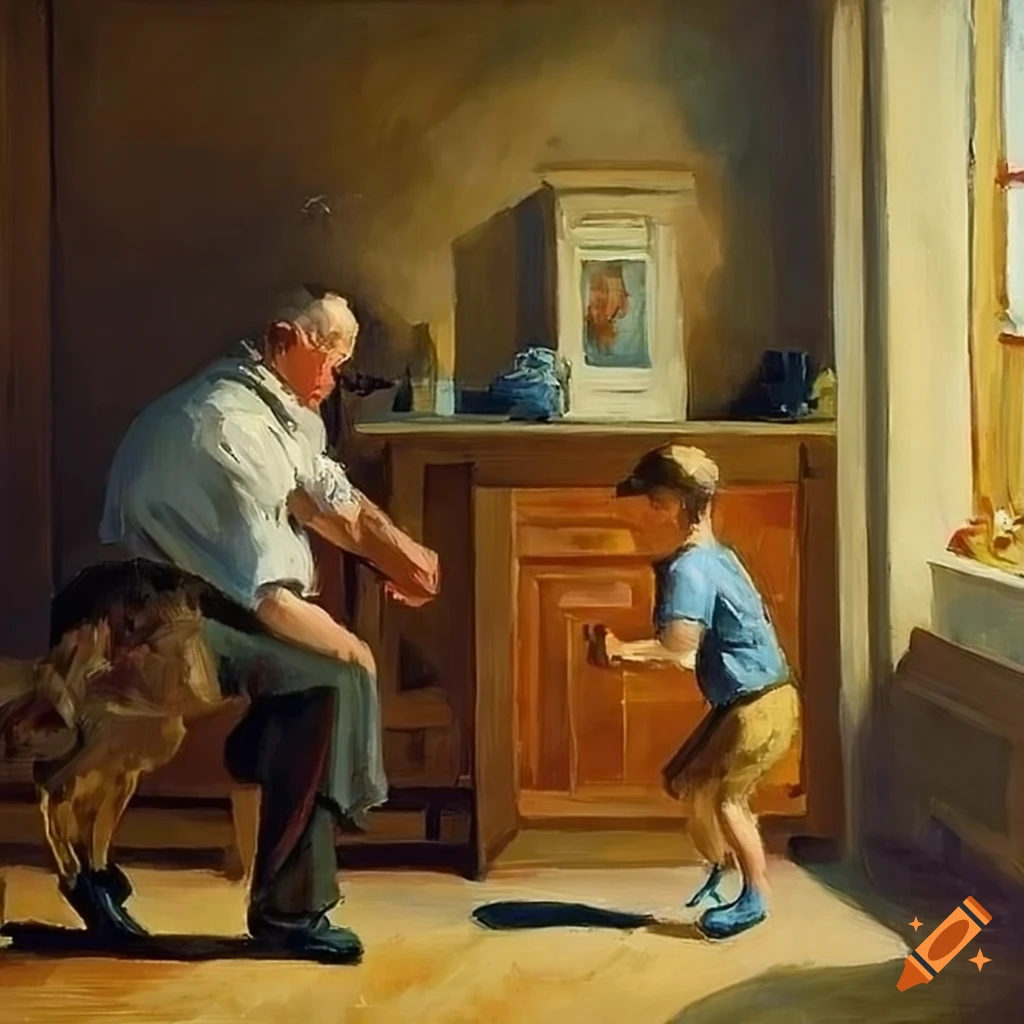 Edward hopper painting of a man, an older man, a kid, and a dog on Craiyon