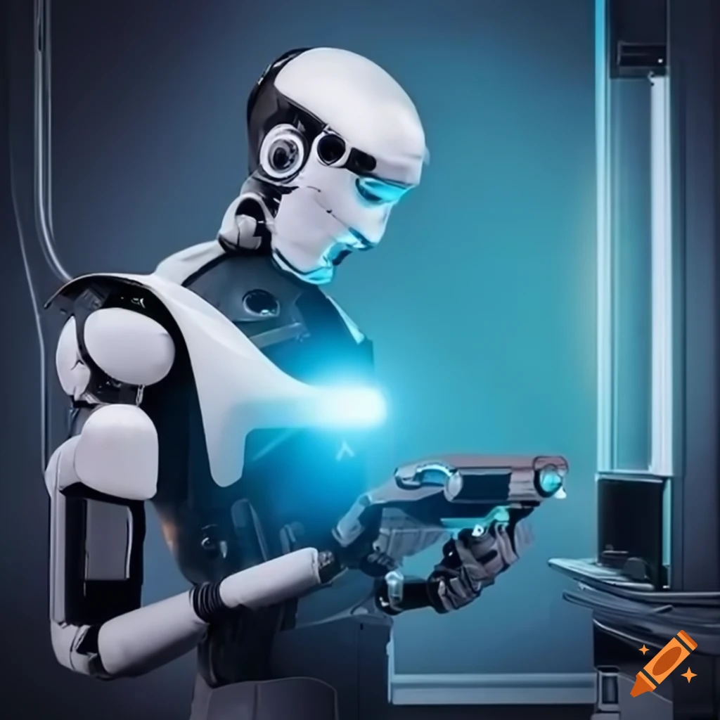futuristic technician working on smart meter with robotic companion