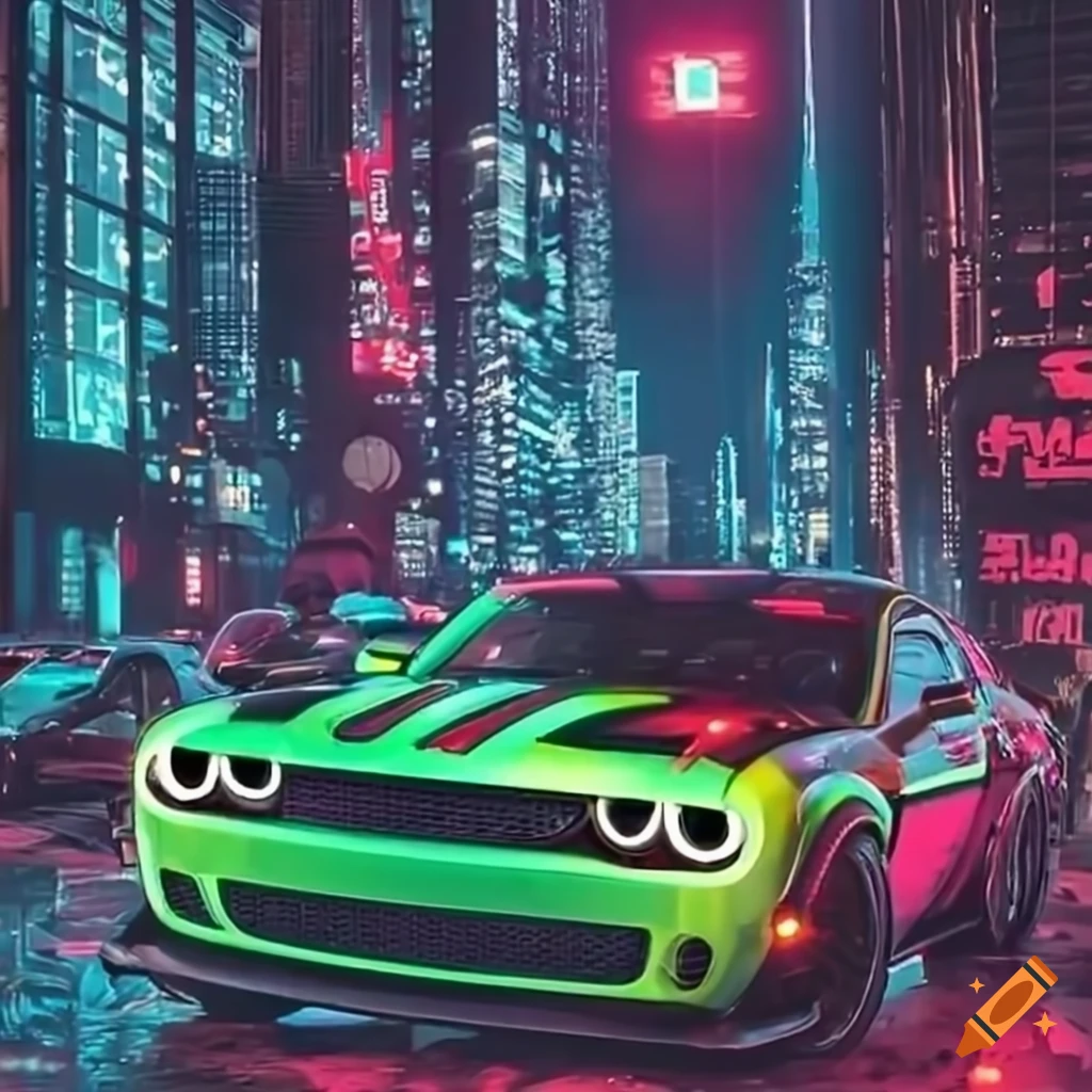 Green dodge demon racing through a neon cityscape on Craiyon