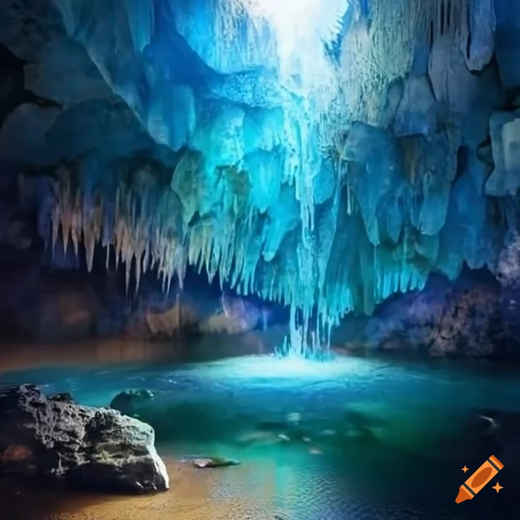 Image of a majestic crystal cave with a magical water feature