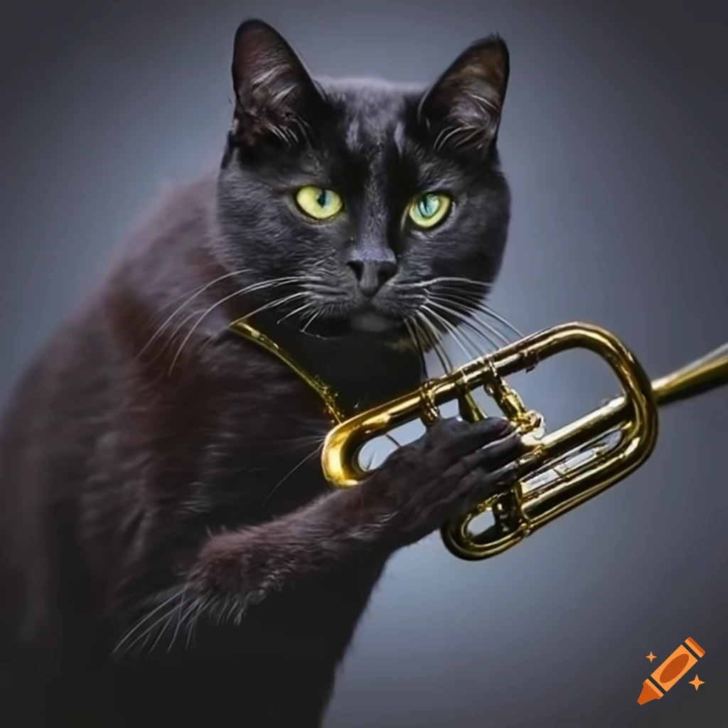 Black cat playing a trumpet on Craiyon