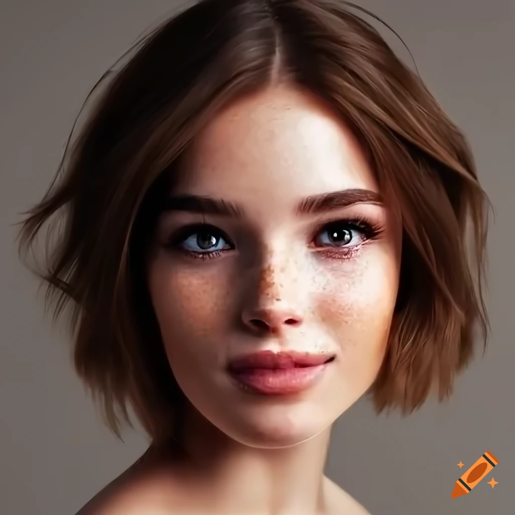 Portrait of a beautiful young woman with freckles and brown hair on Craiyon