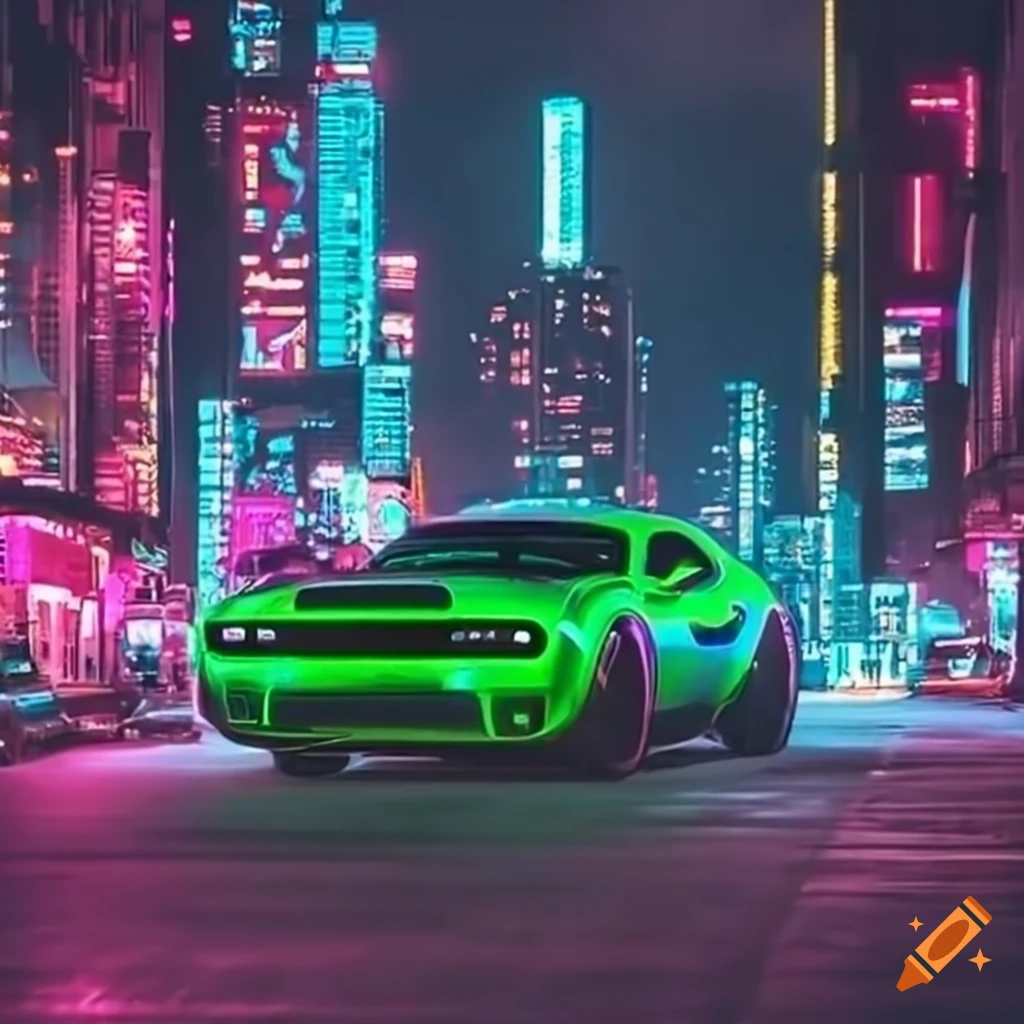 Nighttime cityscape with a zoomed out green dodge demon on Craiyon