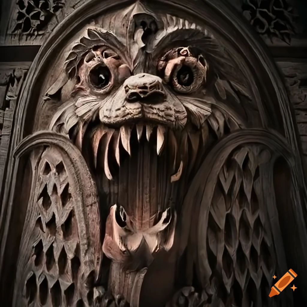 detailed carving art of a moth werewolf motif