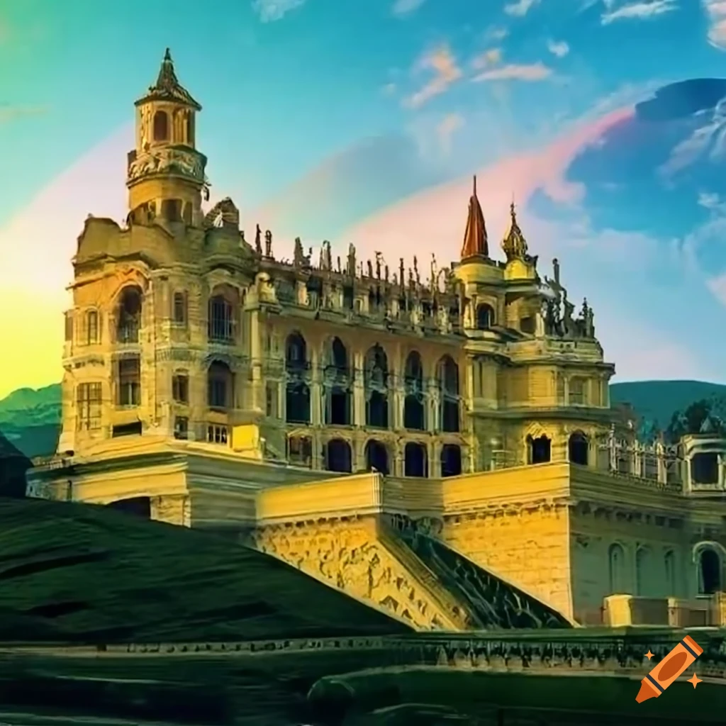 Golden palace in the mountains among clouds