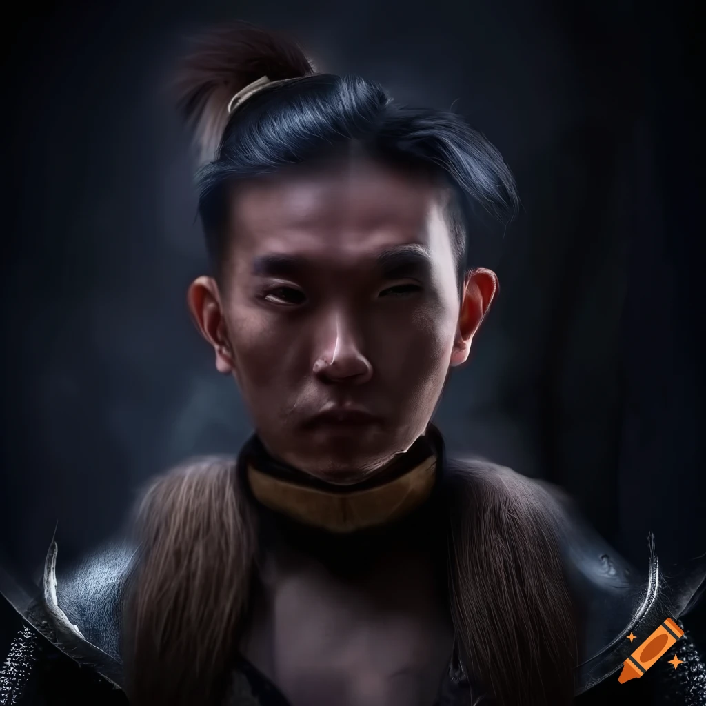 Portrait of an asian man with tied hair and leather armor