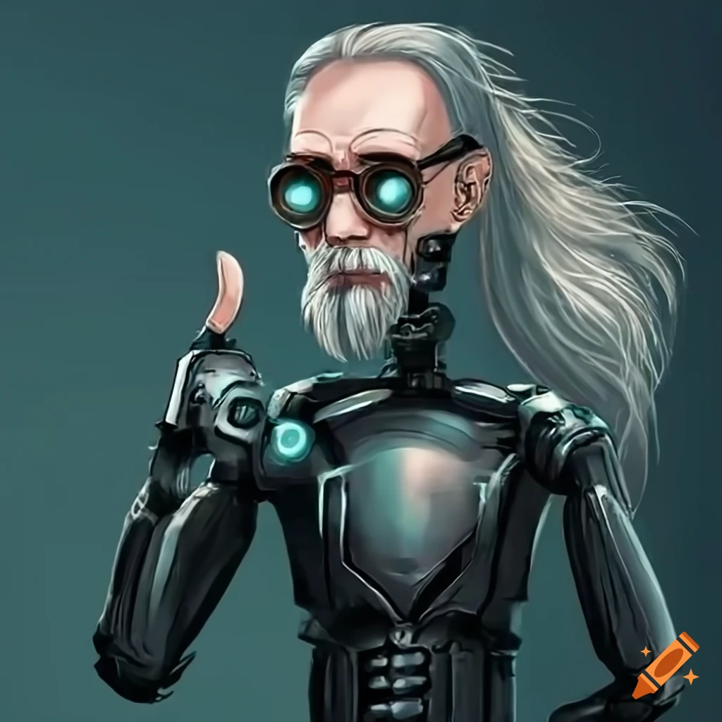 steampunk robot with long white hair and beard giving thumbs up