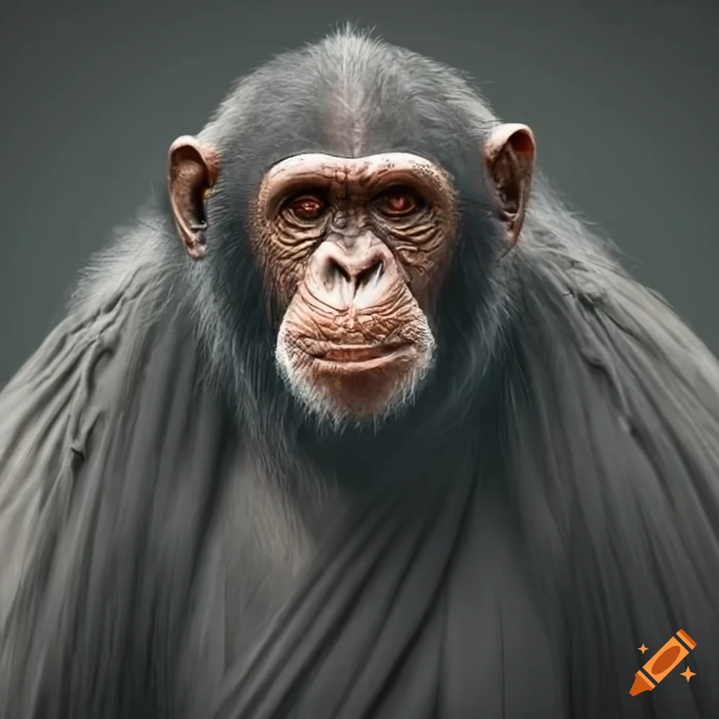chimpanzee wearing a robe with a hammer