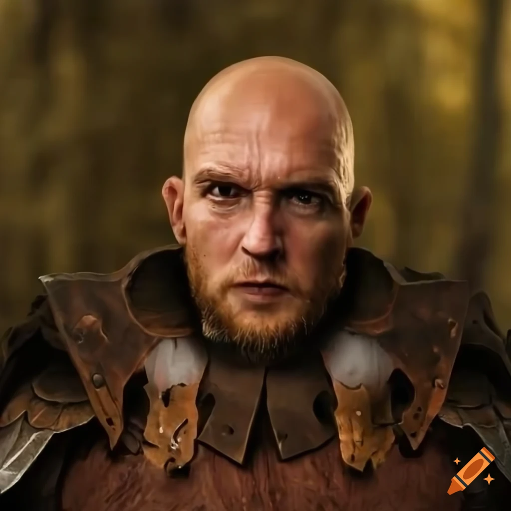 Image of a bald warrior in leather armor in a forest