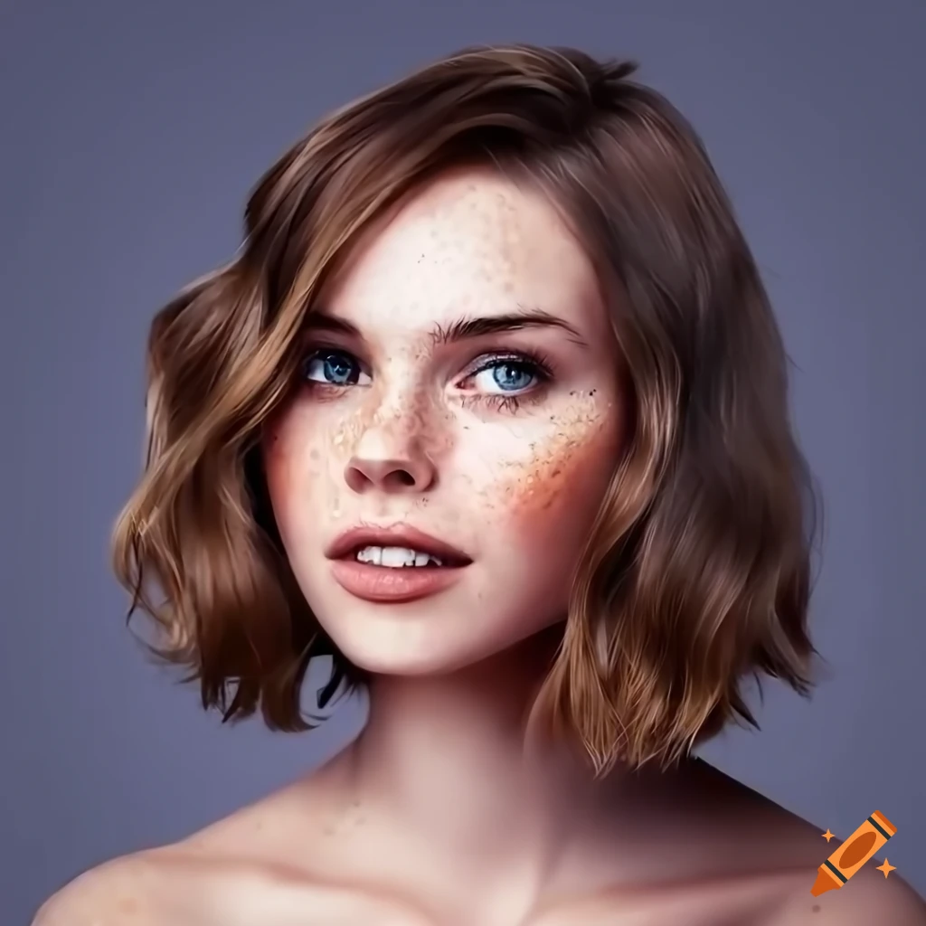 Portrait of a beautiful young woman with freckles and brown hair on Craiyon