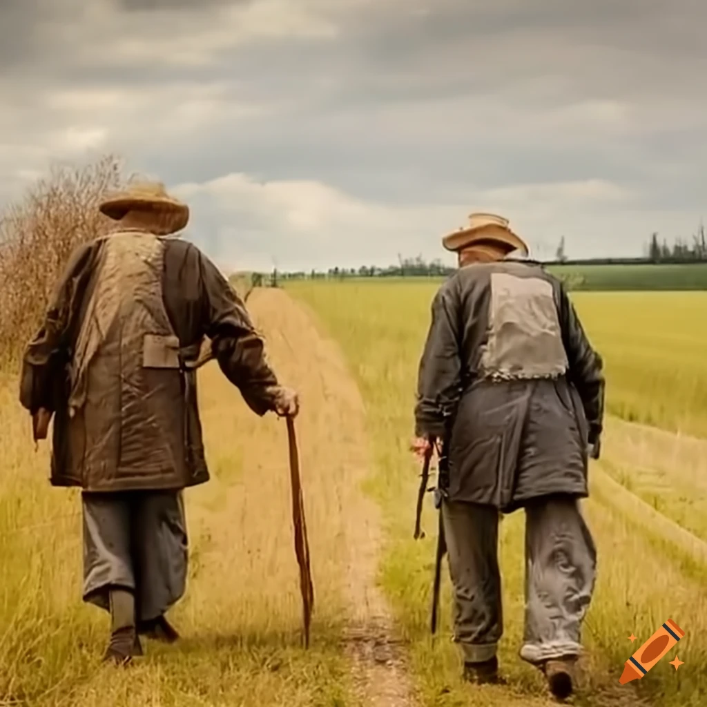 two senior farmers walking in the wind