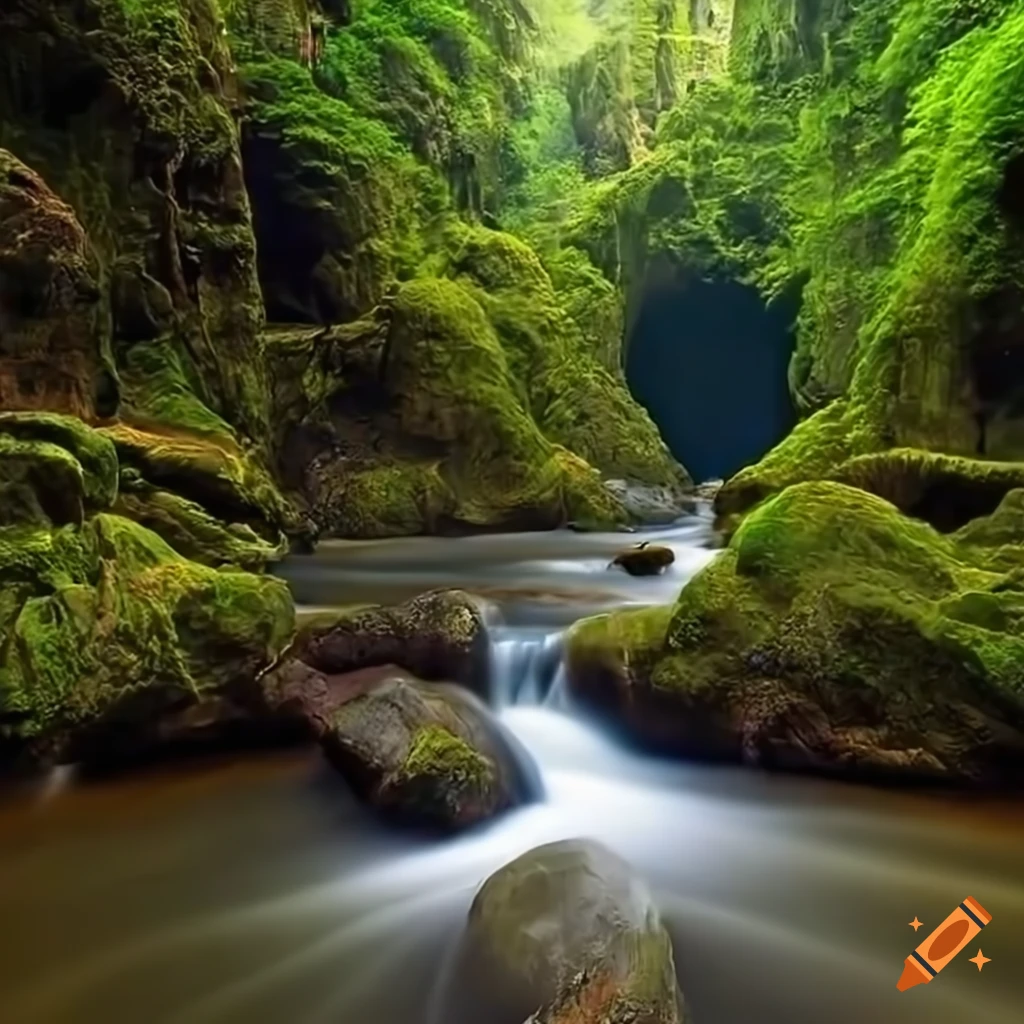 realistic image of a deep rainforest canyon with a river