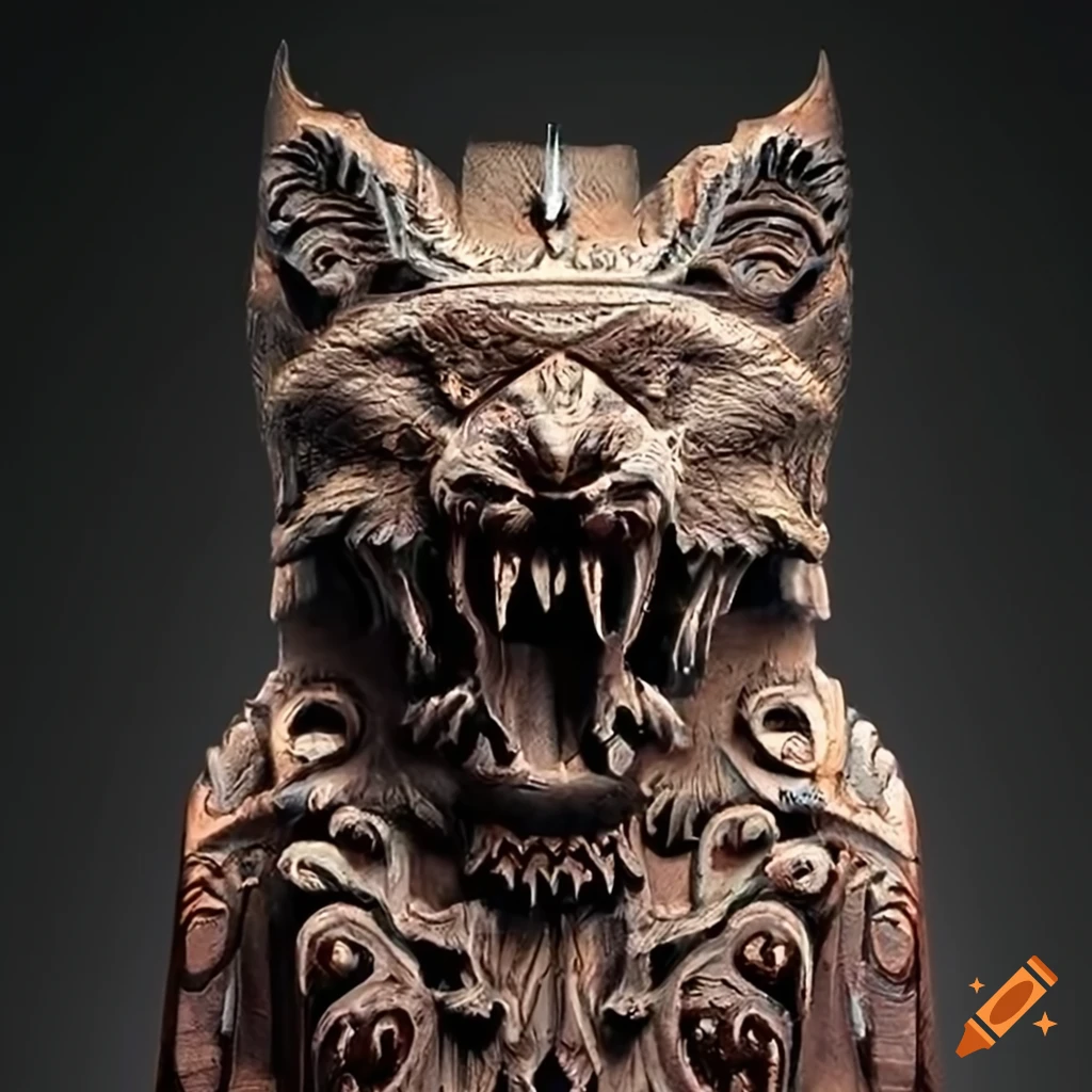 detailed carving art of a moth werewolf motif