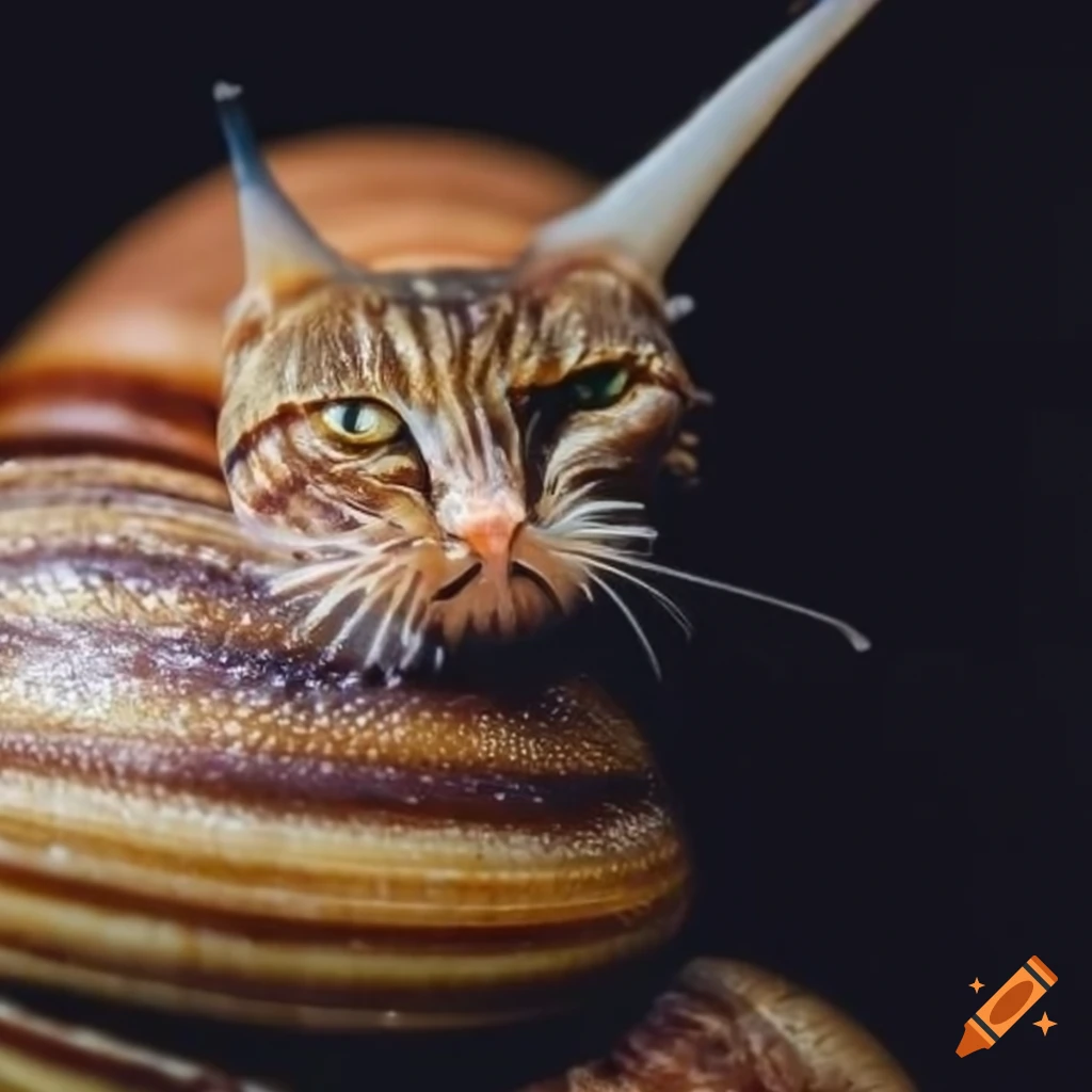 artistic depiction of a snail with a cat head