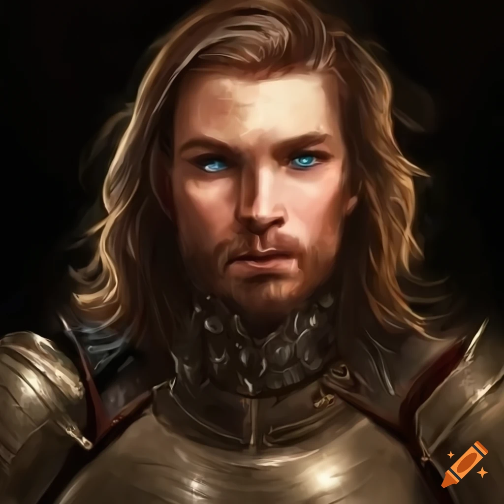 Image of a man in light armor with blue eyes and long brown hair on Craiyon