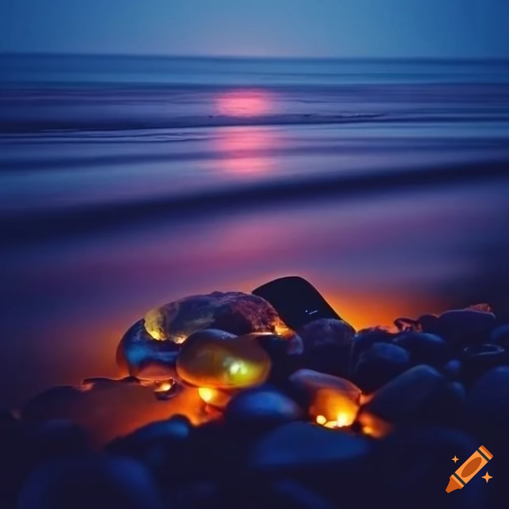 nighttime view of a beach with glass pebbles