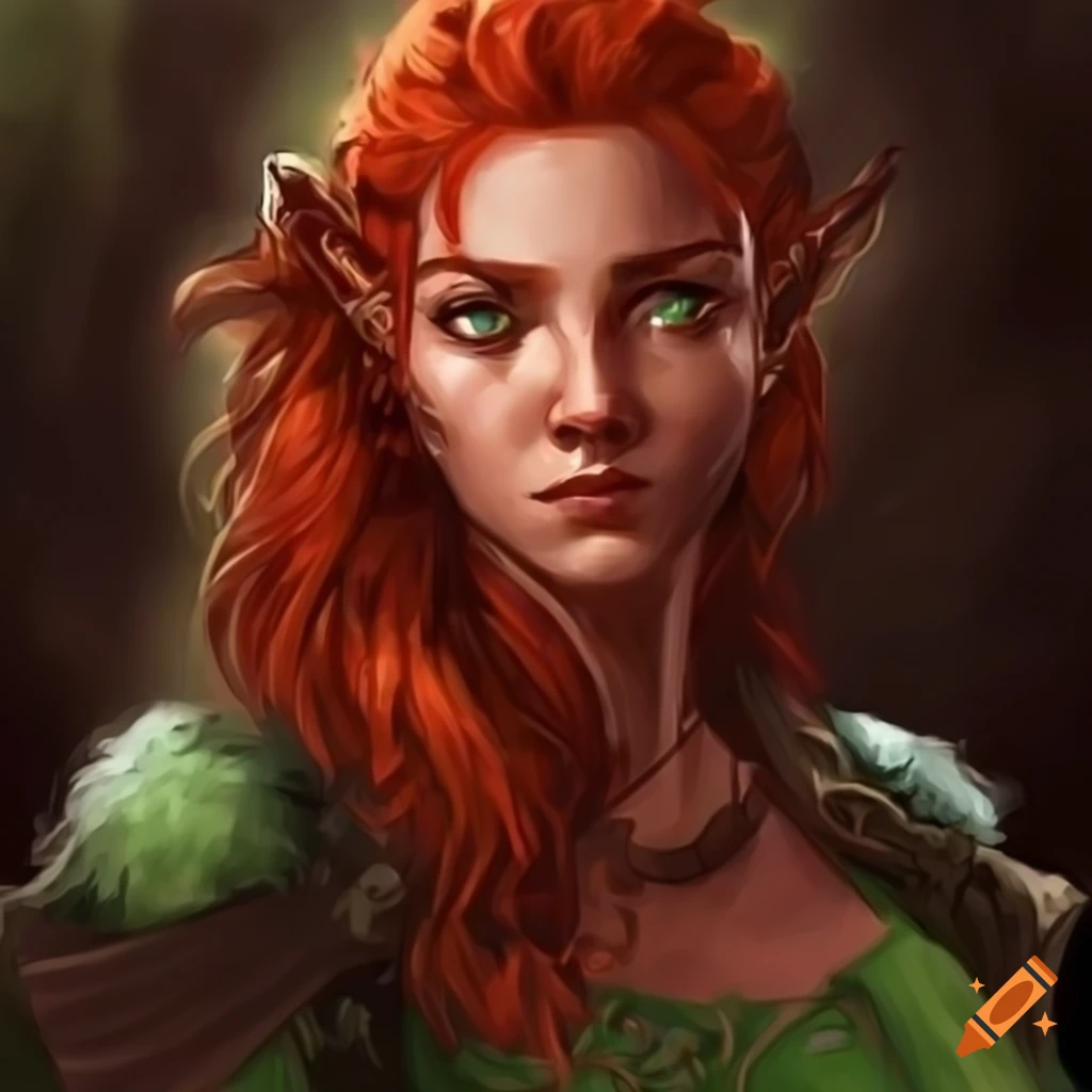 Illustration of a red-haired half-elf half-human druid