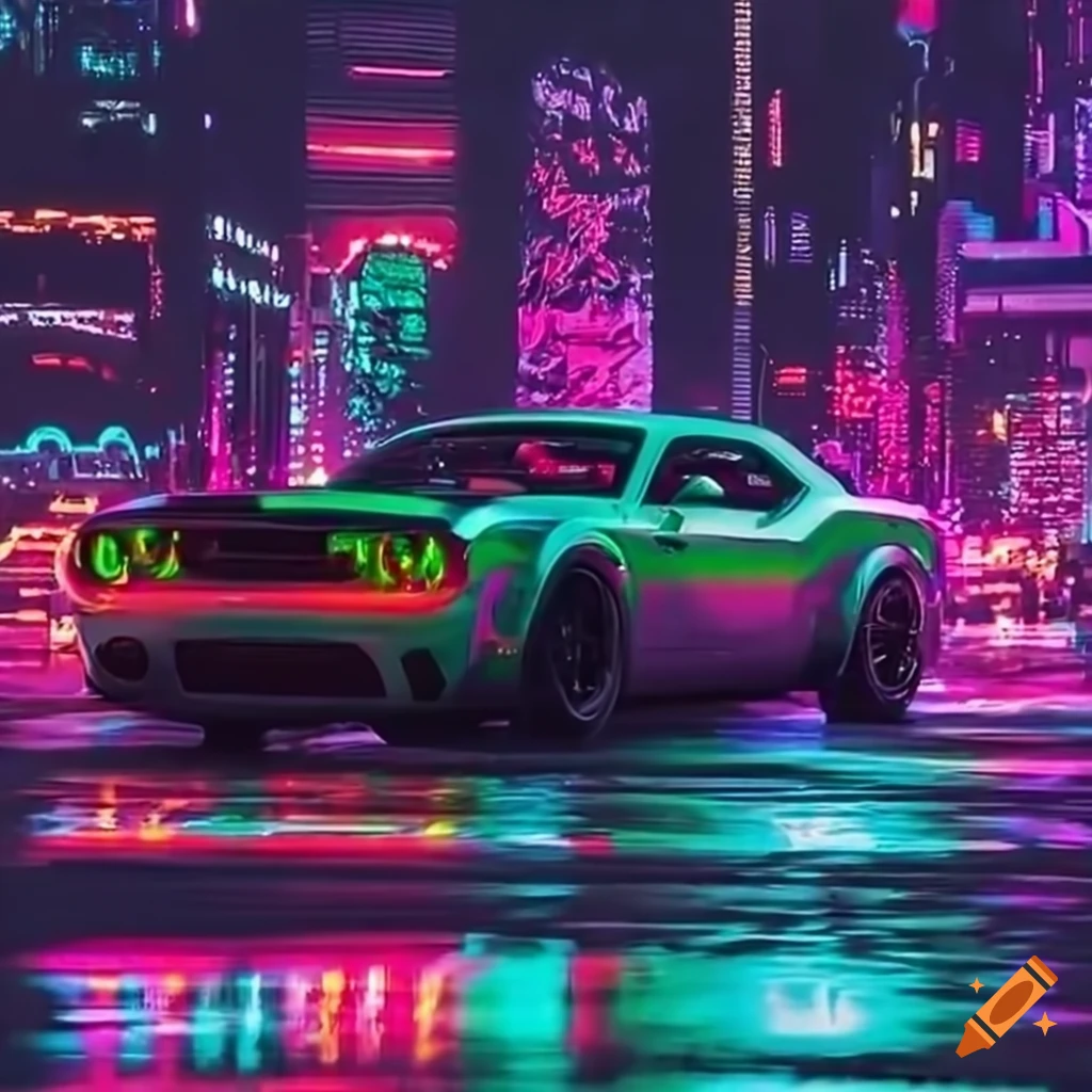 Green dodge demon speeding through a neon cityscape on Craiyon