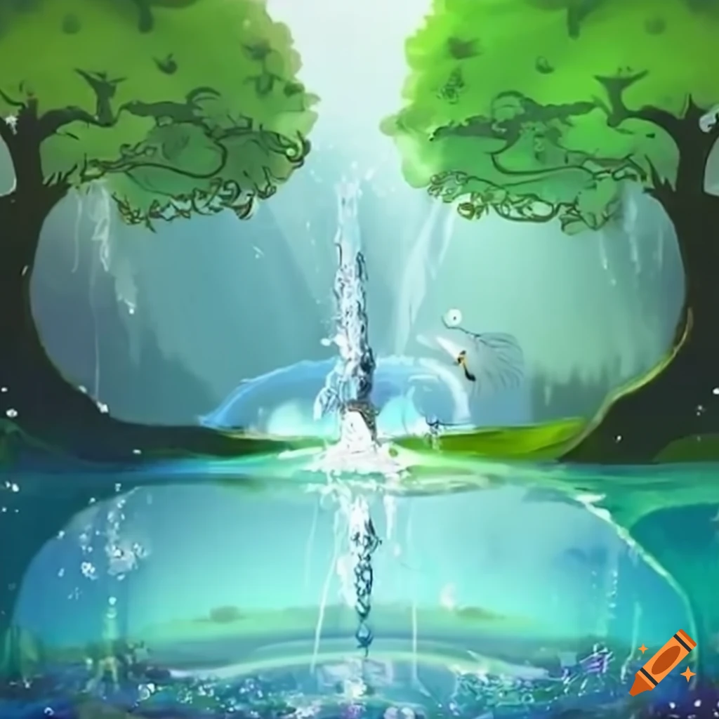 artistic drawing of a reflecting fountain in a serene landscape