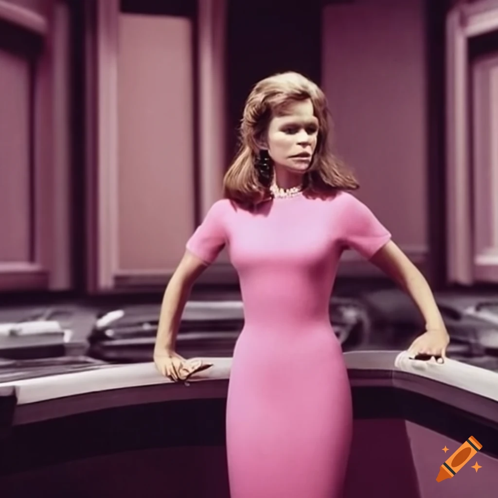 Young female as captain kirk in light pink pencil dress