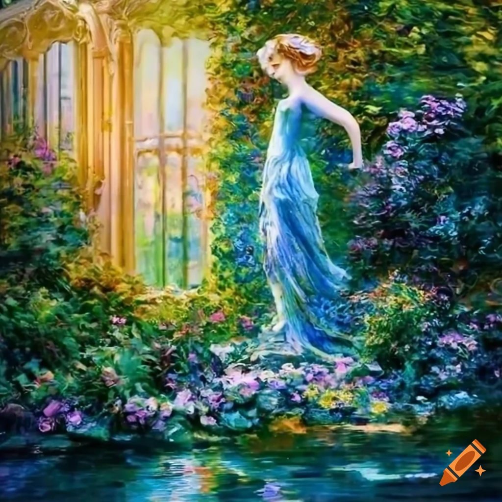 Viktorian garden painting with statues and tall glass window