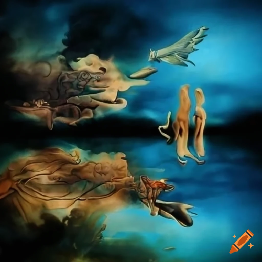 surreal landscape with flying fishes