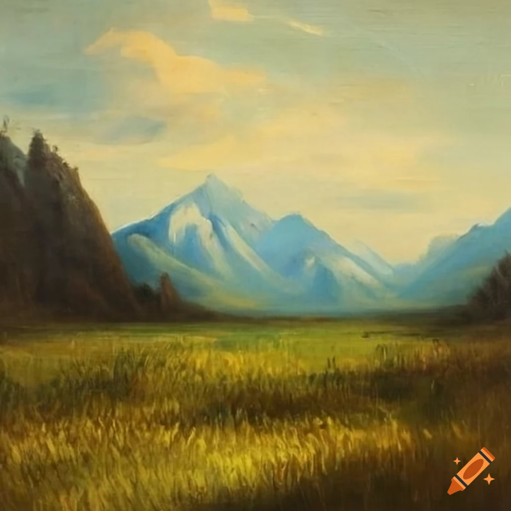 Oil painting of a grass field with mountains on Craiyon