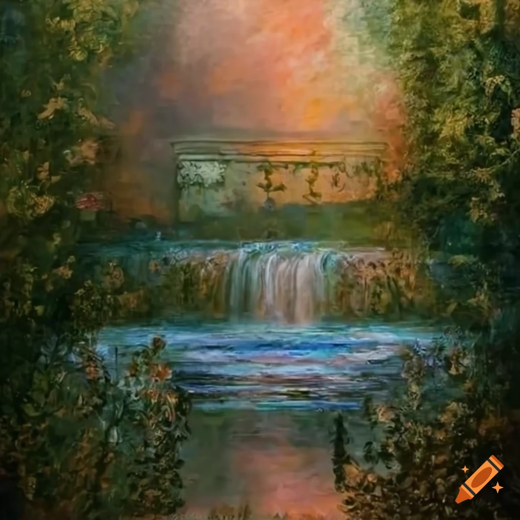 painting of a victorian garden with angel statues and a pond
