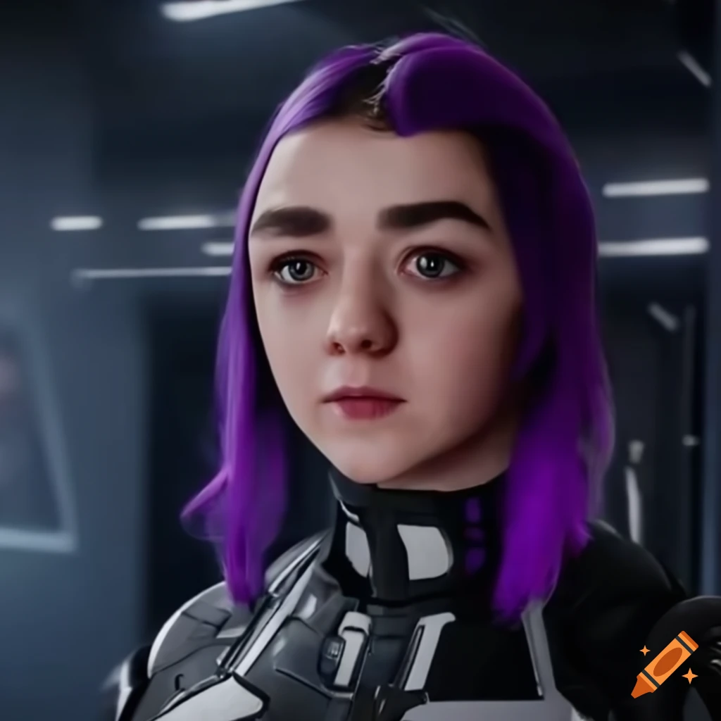 Sci-fi girl in purple jumpsuit with white robot in futuristic corridor ...