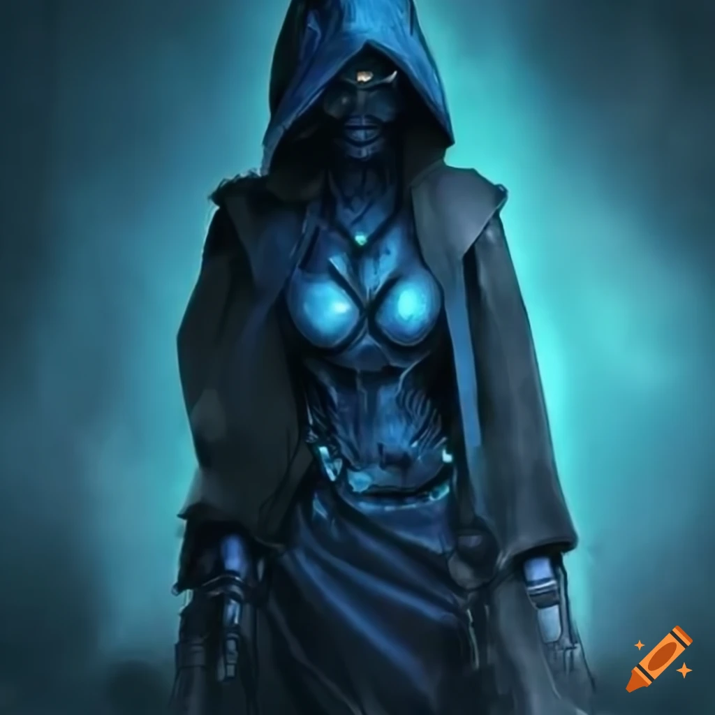 image of a cyberpunk robot witch in blue armor