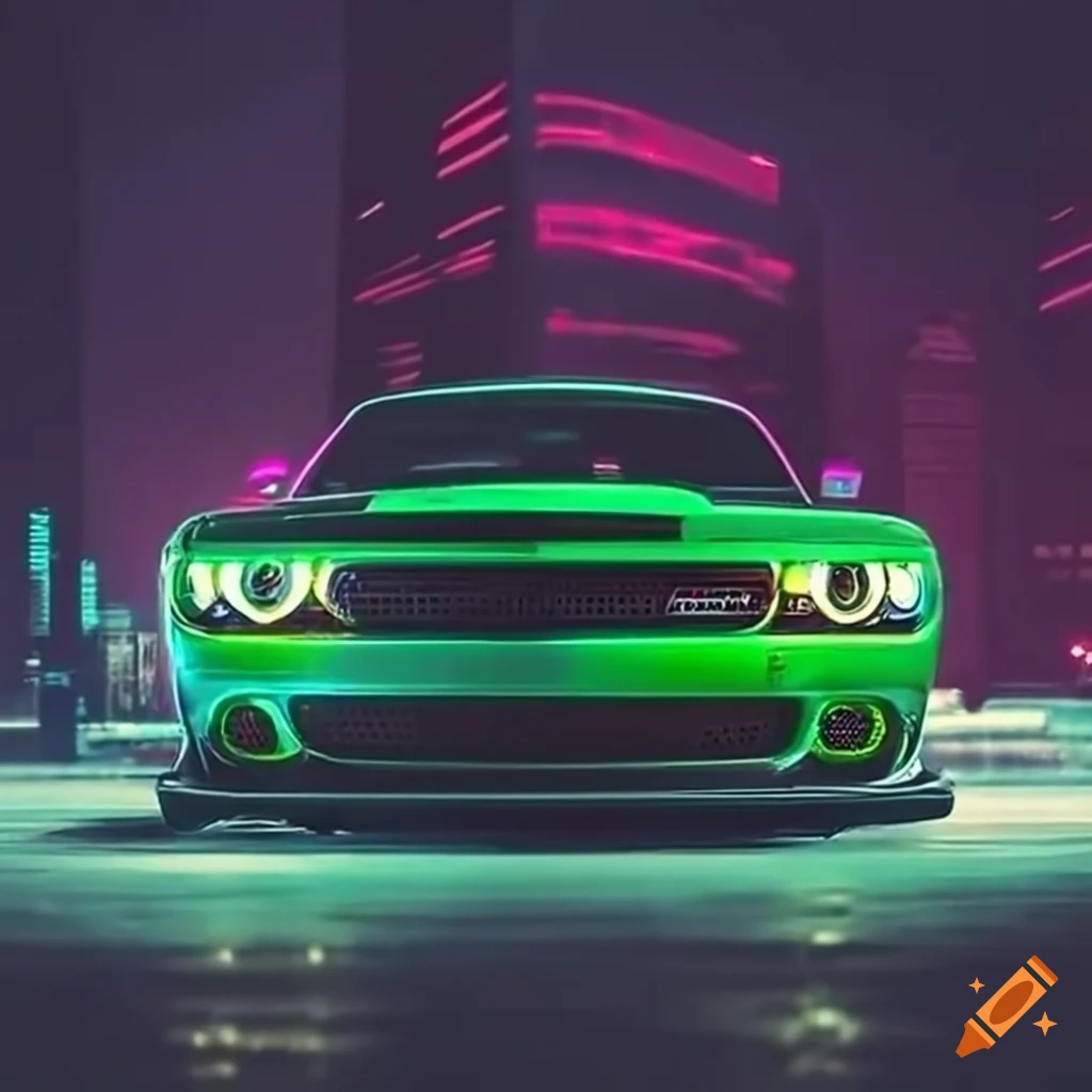 Zoomed out image of a green dodge demon speeding through a neon-lit ...