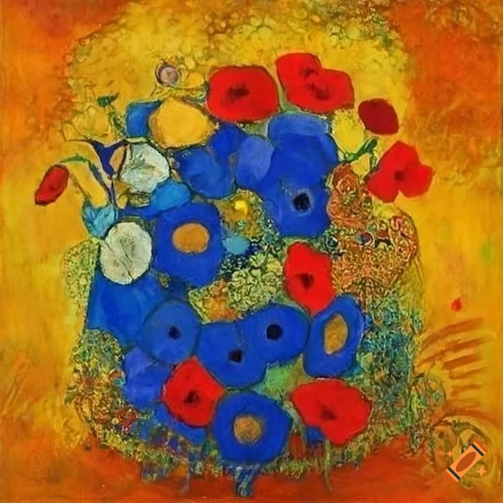 Abstract art with blue squares and poppies in blue, yellow, and orange