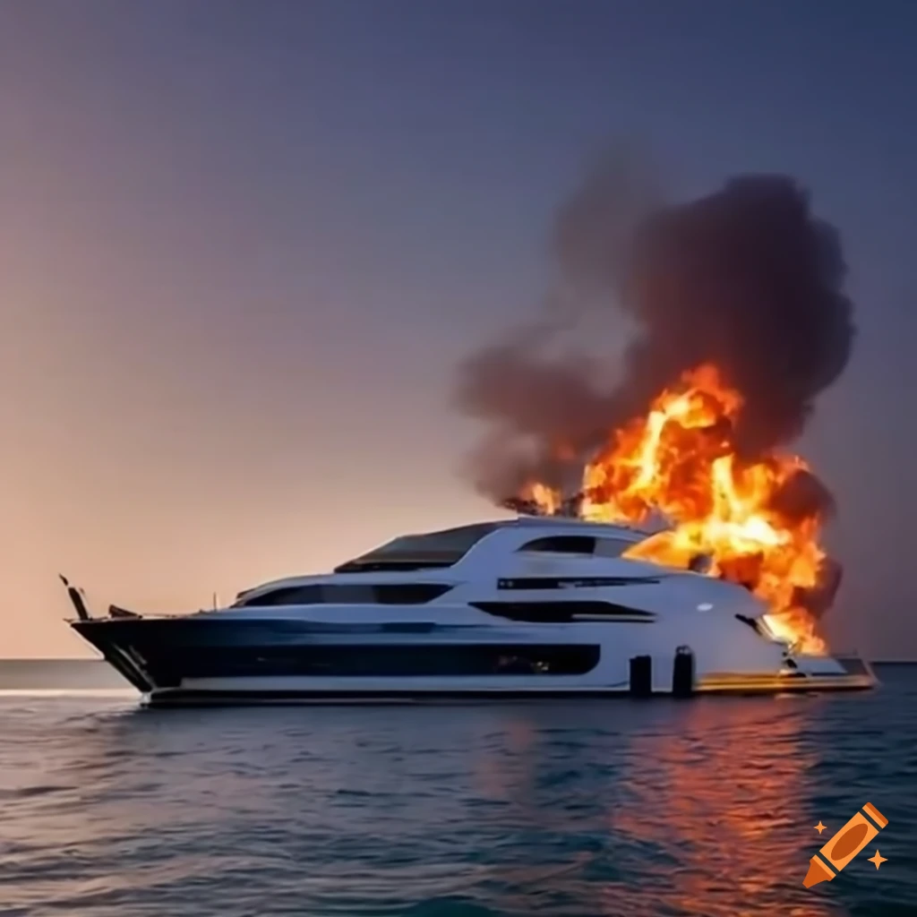 yacht on fire with Dubai skyline in the background