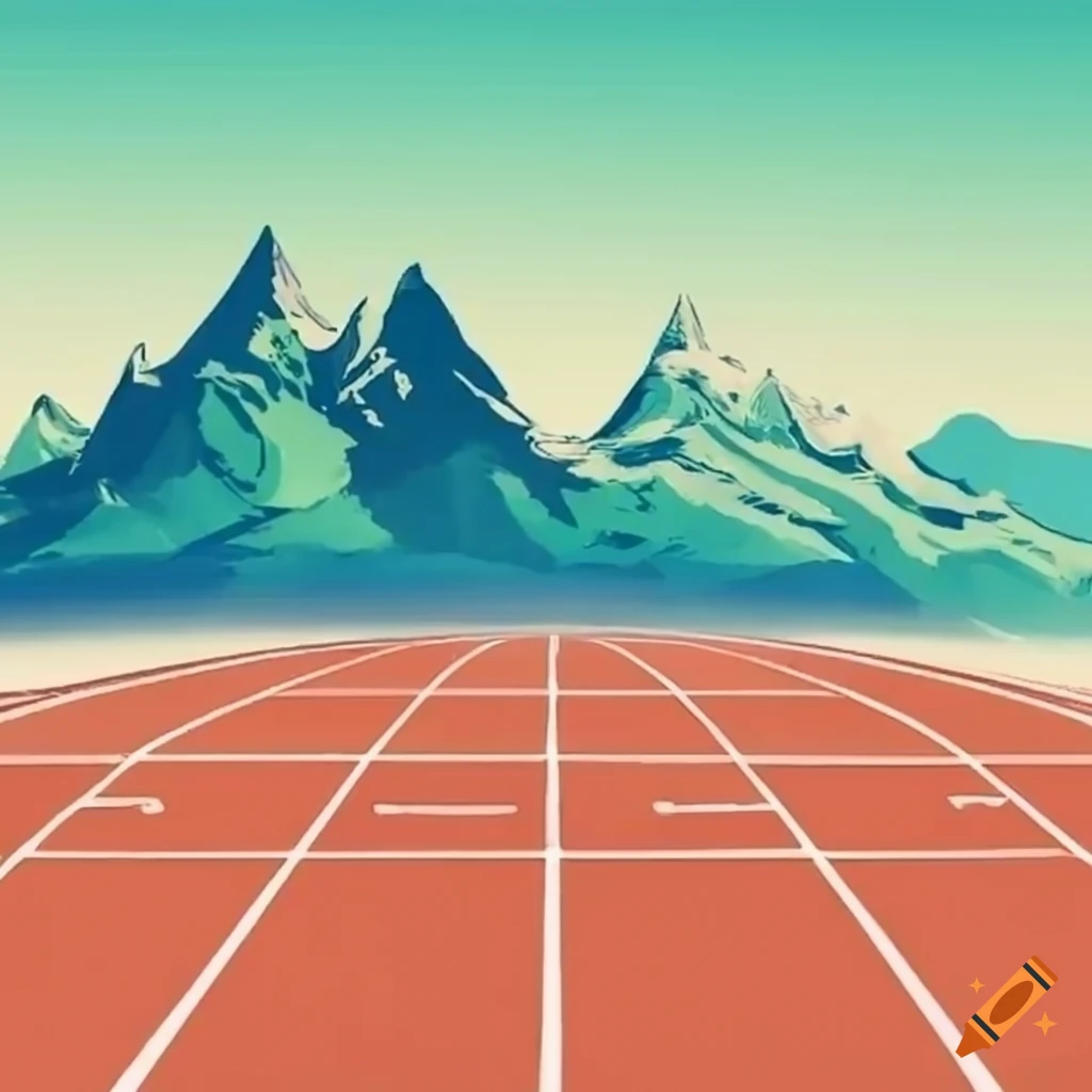Drawing of a running track in front of mountains on Craiyon