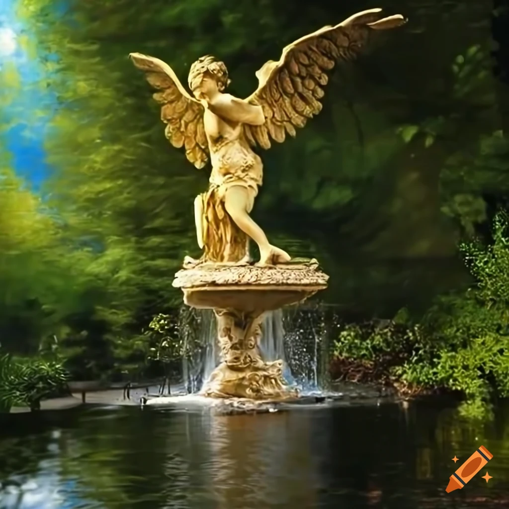 Victorian garden painting with angel statues and waterfall on Craiyon
